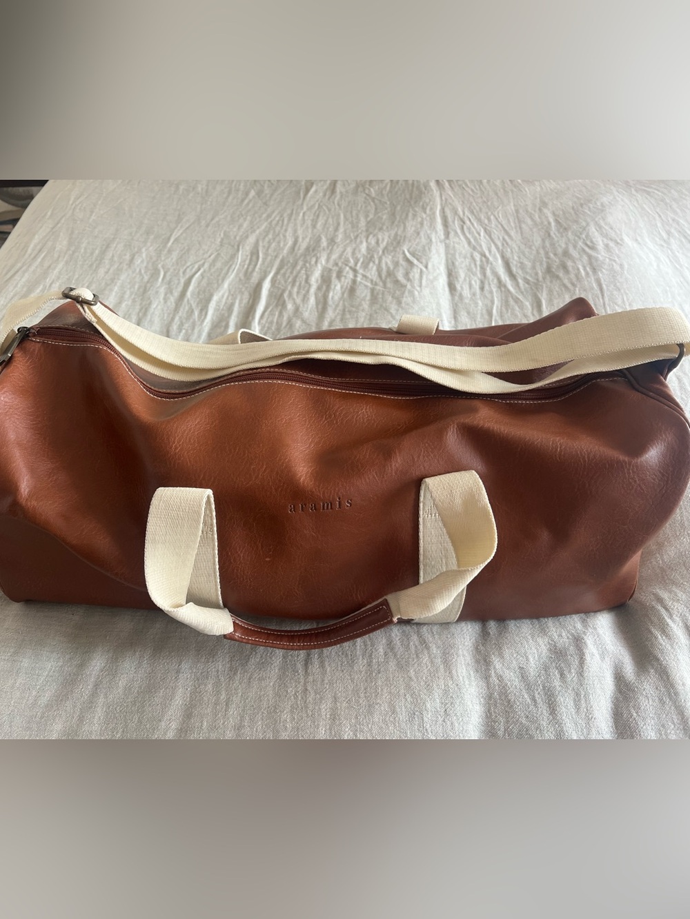 Aramis Brown Leather Weekend Duffle Bag with Cream Straps